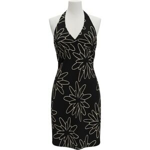 Kenneth Cole New York Black White Floral Halter Dress V-Neck Size M